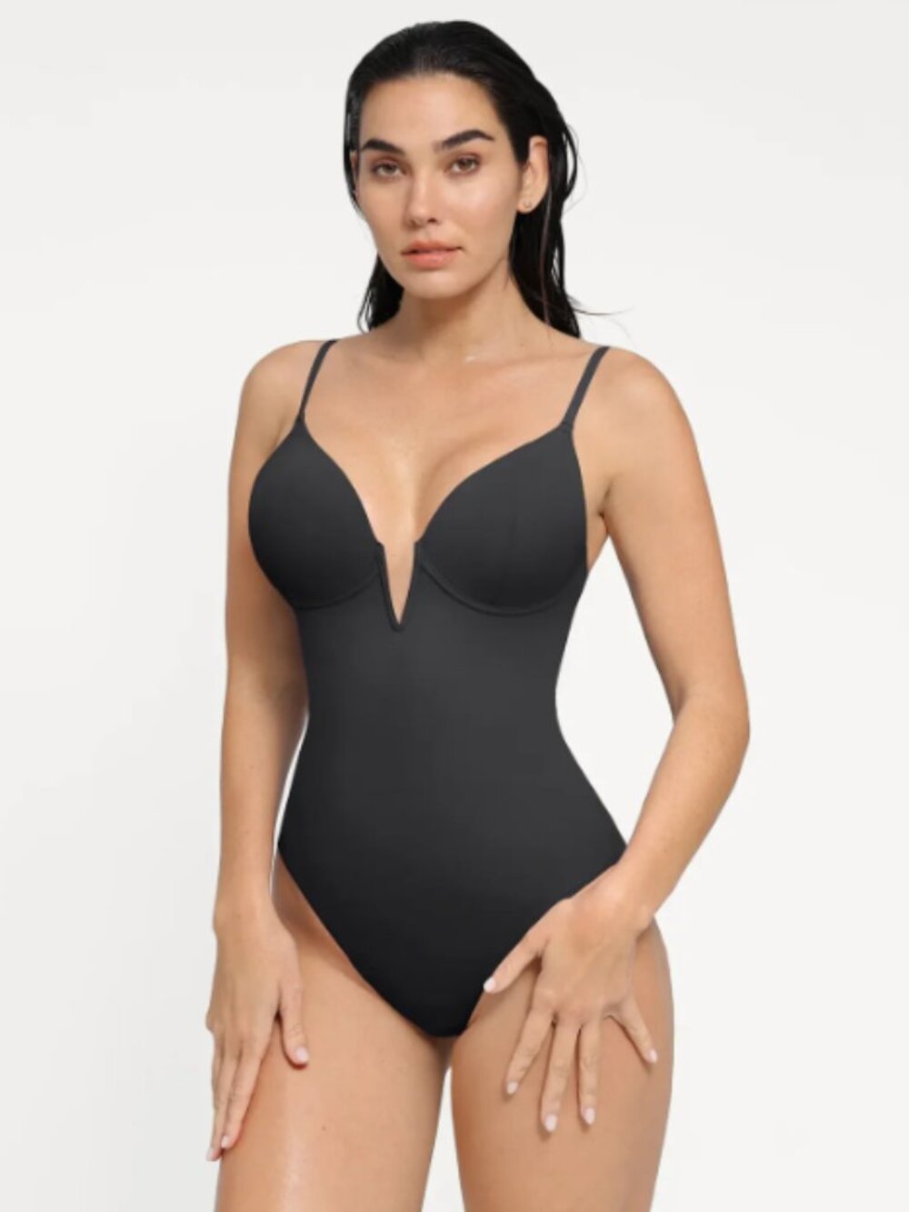 Popilush Shapewear Plunging V Slimming One-Piece Swimsuit – Black | Size Large |